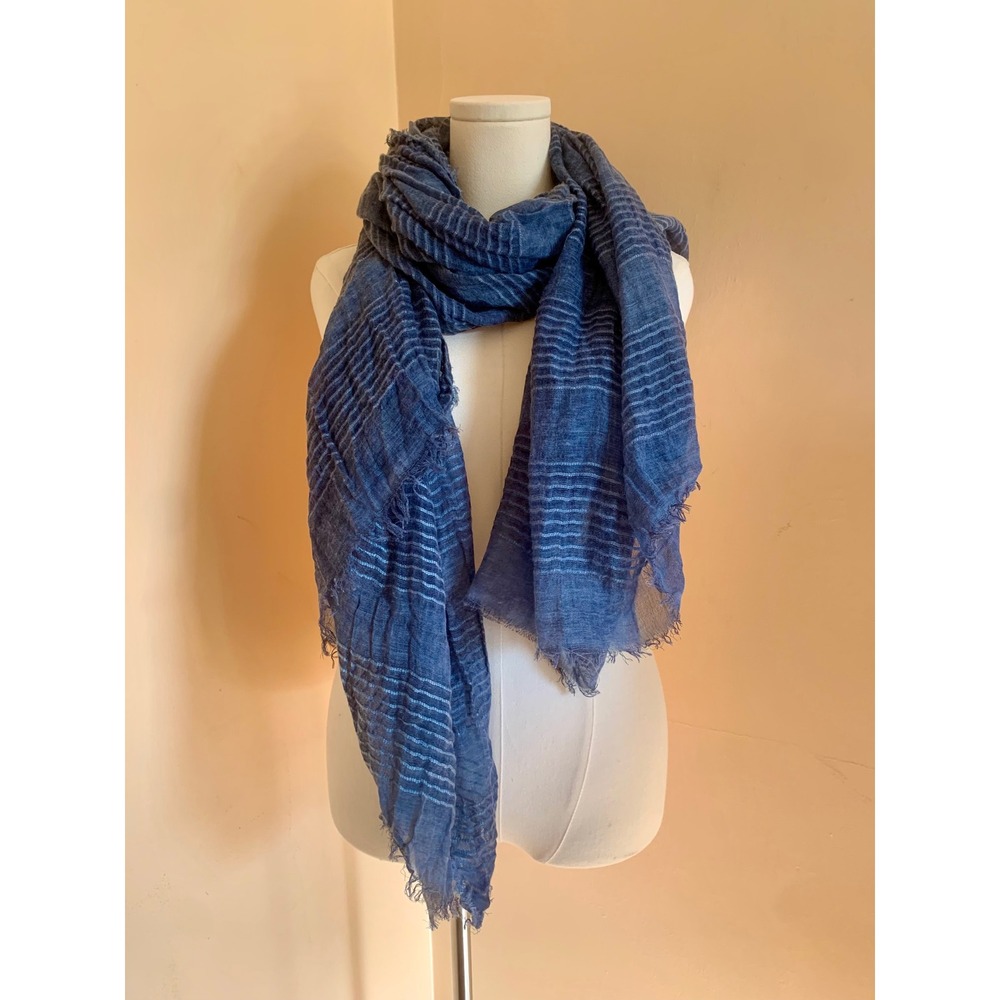 Blue Striped Gauze Scarf Lightweight Fringed Wrap Sarong